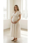 Eyelet Sleeve Maternity Midi Dress in Natural — on model