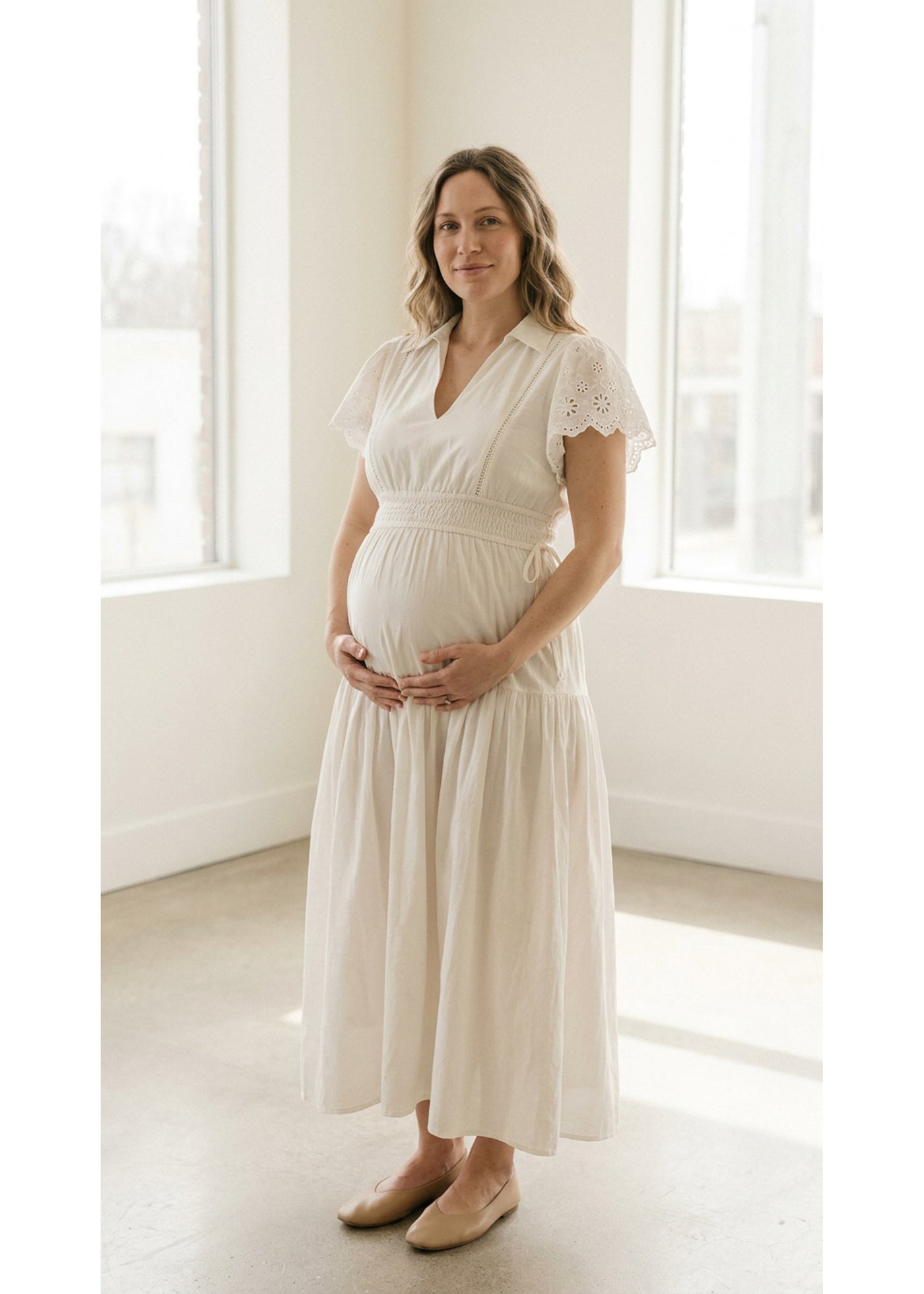 Eyelet Sleeve Maternity Midi Dress in Natural — on model