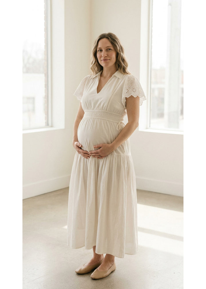 Eyelet Sleeve Maternity Midi Dress in Natural — on model