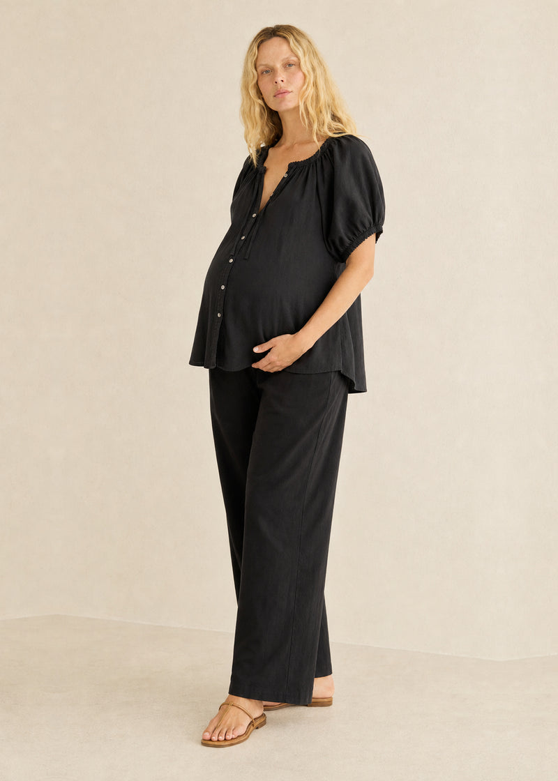Puff Sleeve Button-Front Blouse in Cotton in Black — on model
