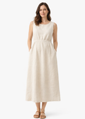 Sleeveless Gathered-Waist Linen Midi Dress in Linen in Natural — on model