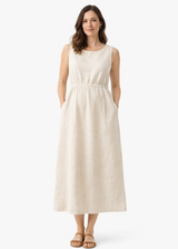 Sleeveless Gathered-Waist Linen Midi Dress in Linen in Natural — on model