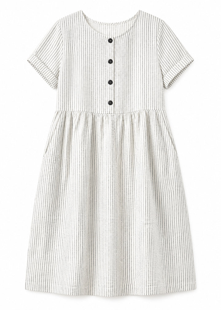 Striped Linen Button-Front Midi Dress in Linen in Stripe — flat lay