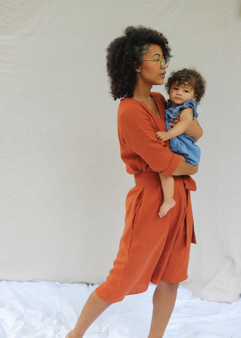 The Faye Dress in softened linen, full length with three-quarter sleeves.