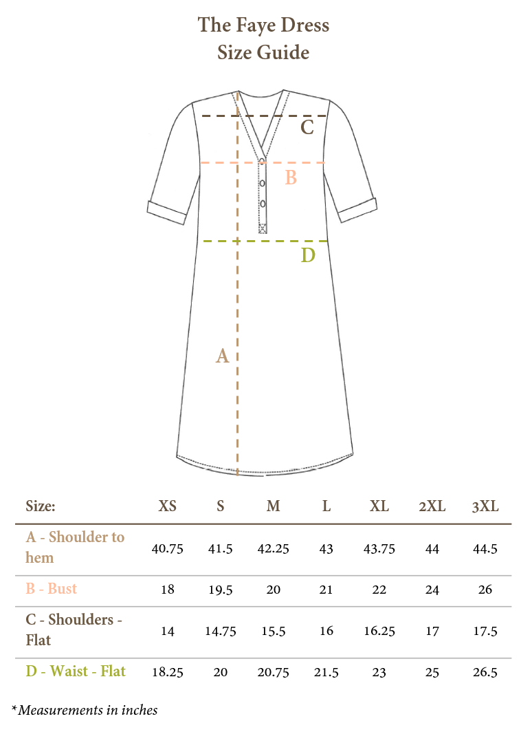 The Faye Dress size guide: shoulder-to-hem, bust, shoulder and waist measurements in inches for sizes XS to 3XL.