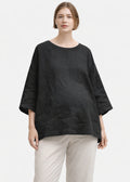 Oversized Haori-Sleeve Trapeze Linen Top in Linen in Black — on model