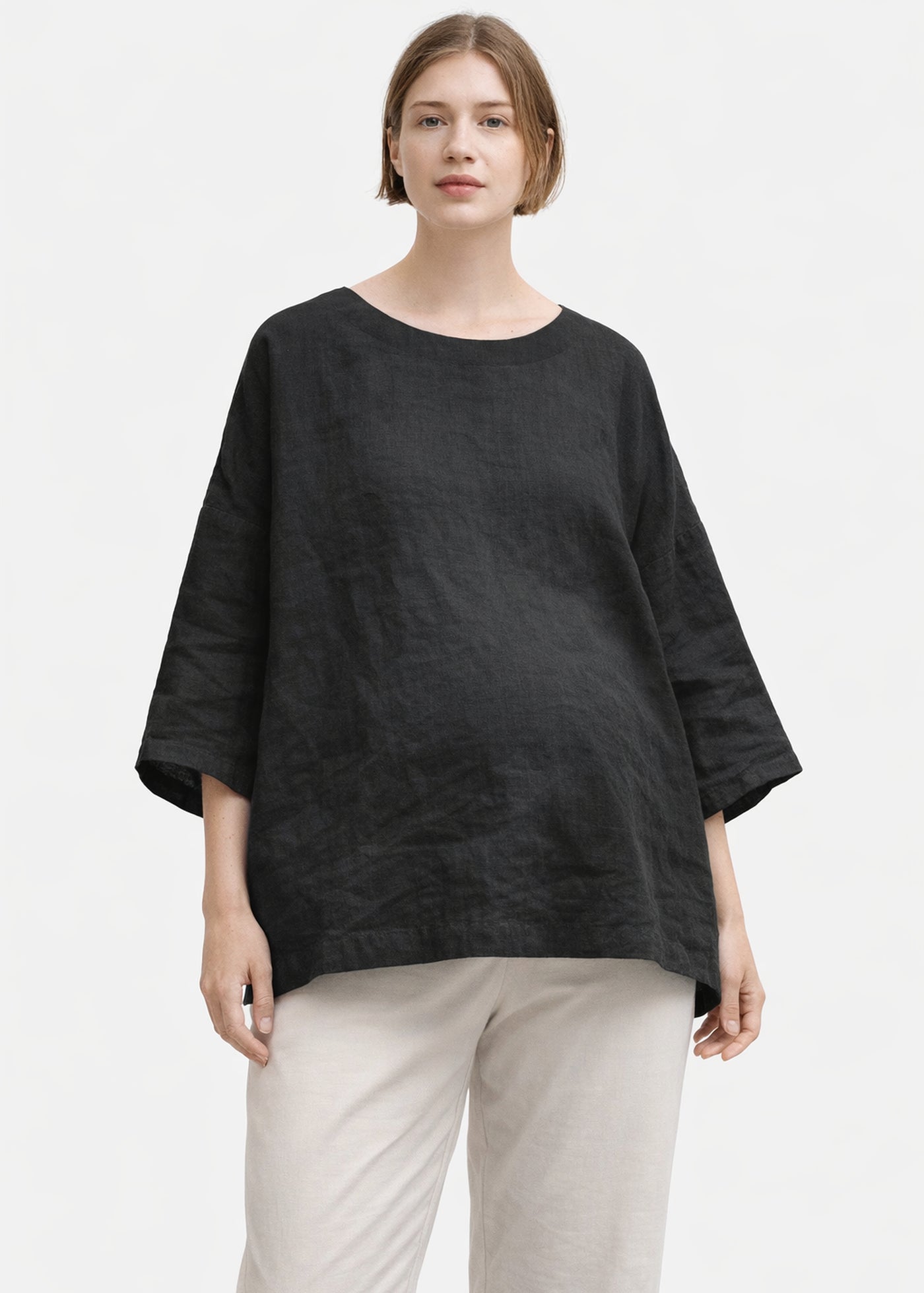 Oversized Haori-Sleeve Trapeze Linen Top in Linen in Black — on model