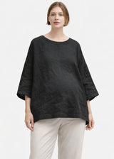 Oversized Haori-Sleeve Trapeze Linen Top in Linen in Black — on model