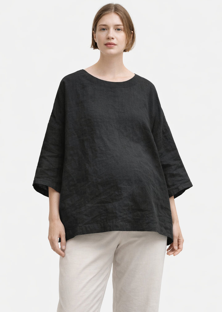 Oversized Haori-Sleeve Trapeze Linen Top in Linen in Black — on model
