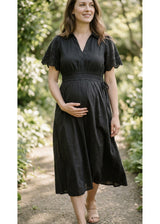 Eyelet Sleeve Maternity Midi Dress in Black — on model