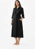 Button-Front Belted Nursing Linen Midi Shirtdress in Linen in Black — on model