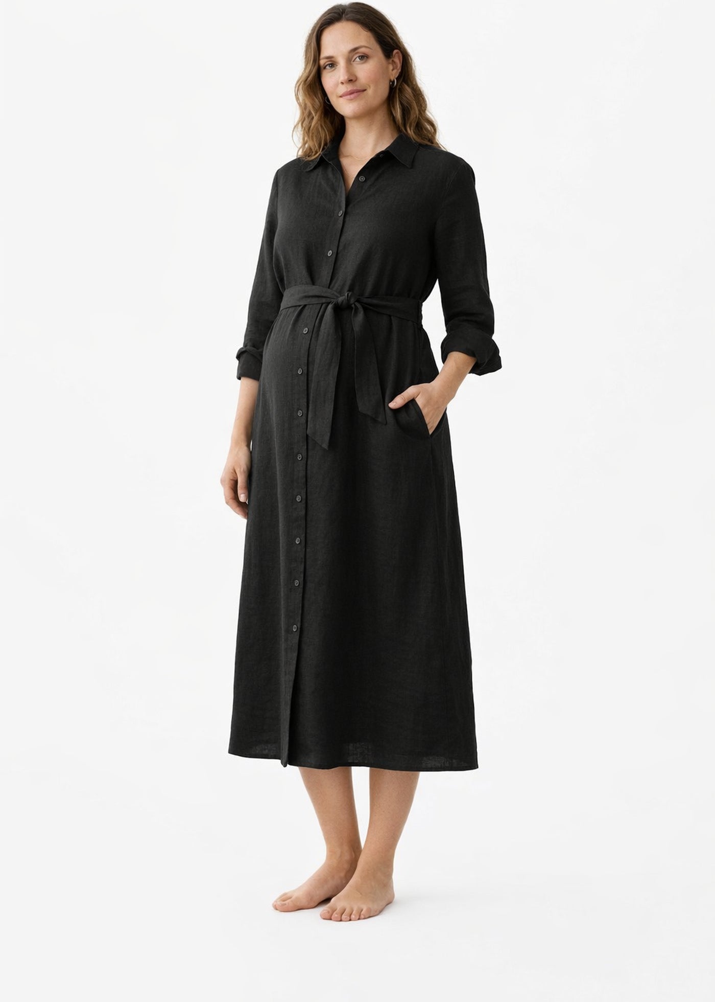 Button-Front Belted Nursing Linen Midi Shirtdress in Linen in Black — on model