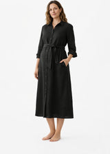 Button-Front Belted Nursing Linen Midi Shirtdress in Linen in Black — on model