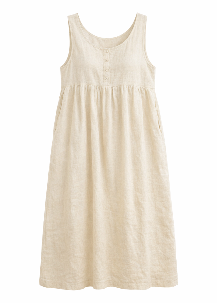 Sleeveless Empire-Waist Linen Maternity Maxi Dress in Linen in Natural — flat lay