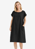 Cap-Sleeve Linen Tunic Dress in Linen in Black — on model