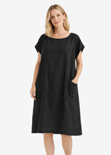 Cap-Sleeve Linen Tunic Dress in Linen in Black — on model