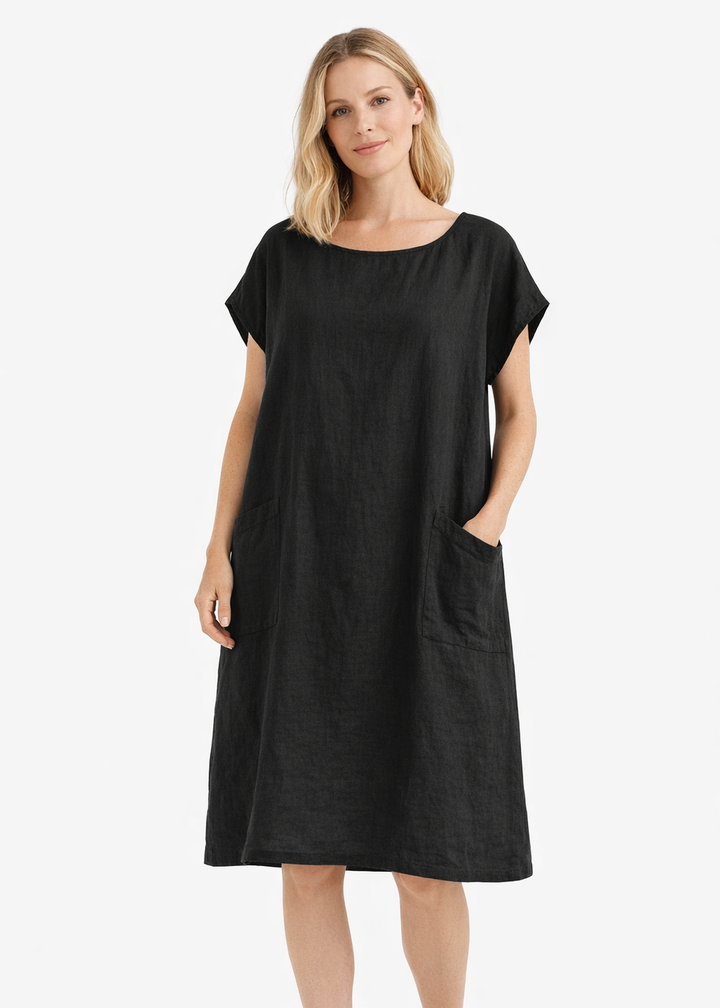Cap-Sleeve Linen Tunic Dress in Linen in Black — on model