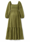Long-Sleeve Smocked-Bodice Linen Midi Dress in Linen in Olive — flat lay