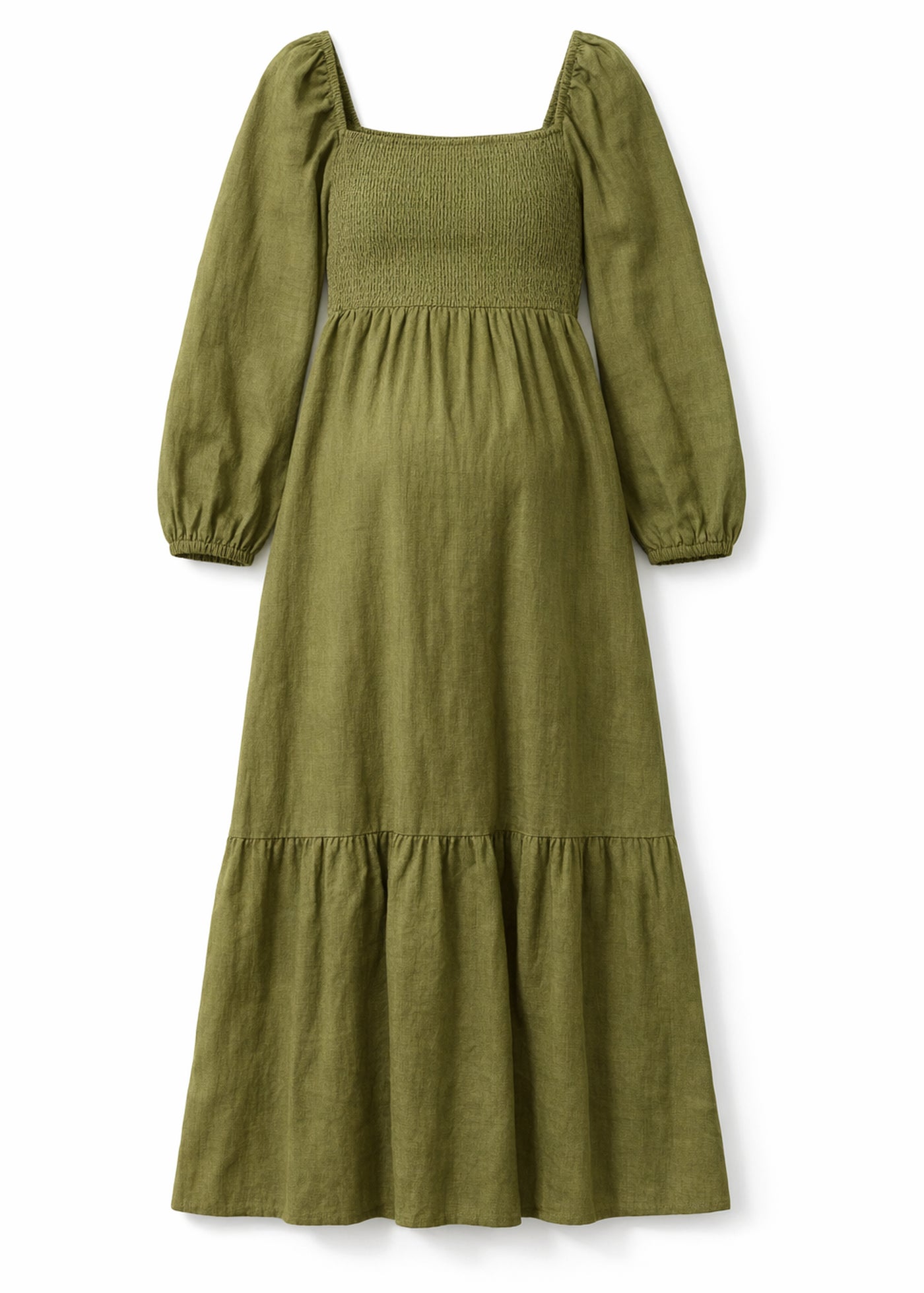 Long-Sleeve Smocked-Bodice Linen Midi Dress in Linen in Olive — flat lay