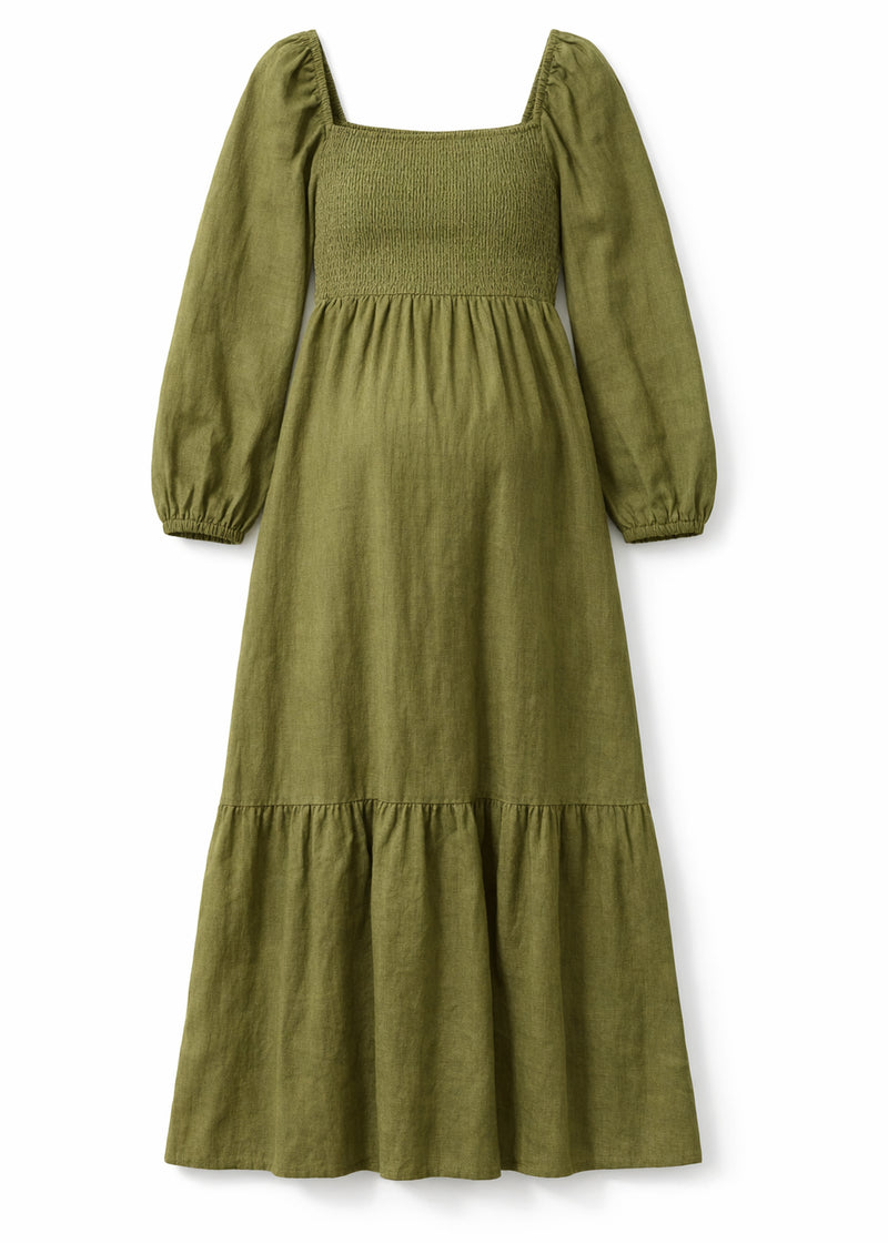 Long-Sleeve Smocked-Bodice Linen Midi Dress in Linen in Olive — flat lay