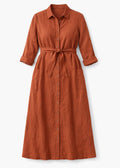 Button-Front Belted Nursing Linen Midi Shirtdress in Linen in Rust — flat lay