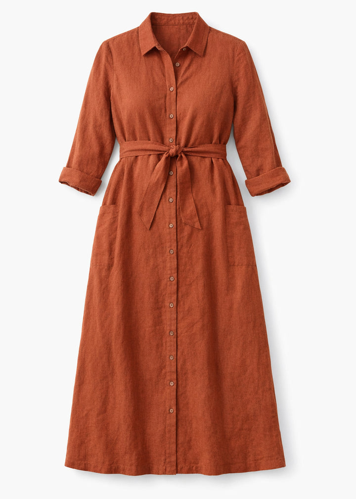 Button-Front Belted Nursing Linen Midi Shirtdress in Linen in Rust — flat lay