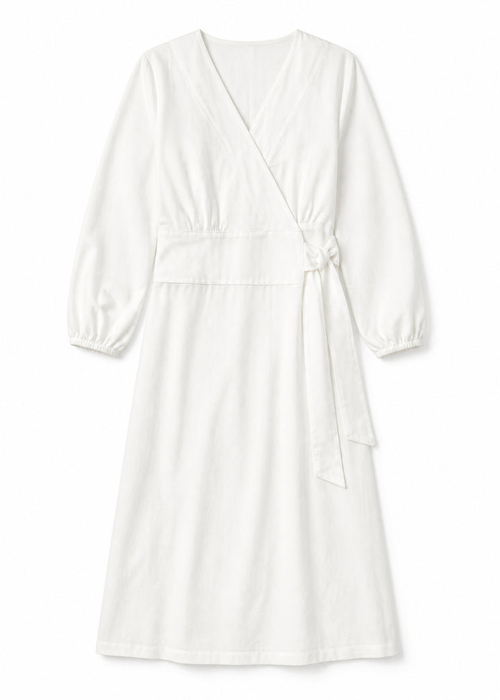 Long-Sleeve Wrap Robe in White - flat lay