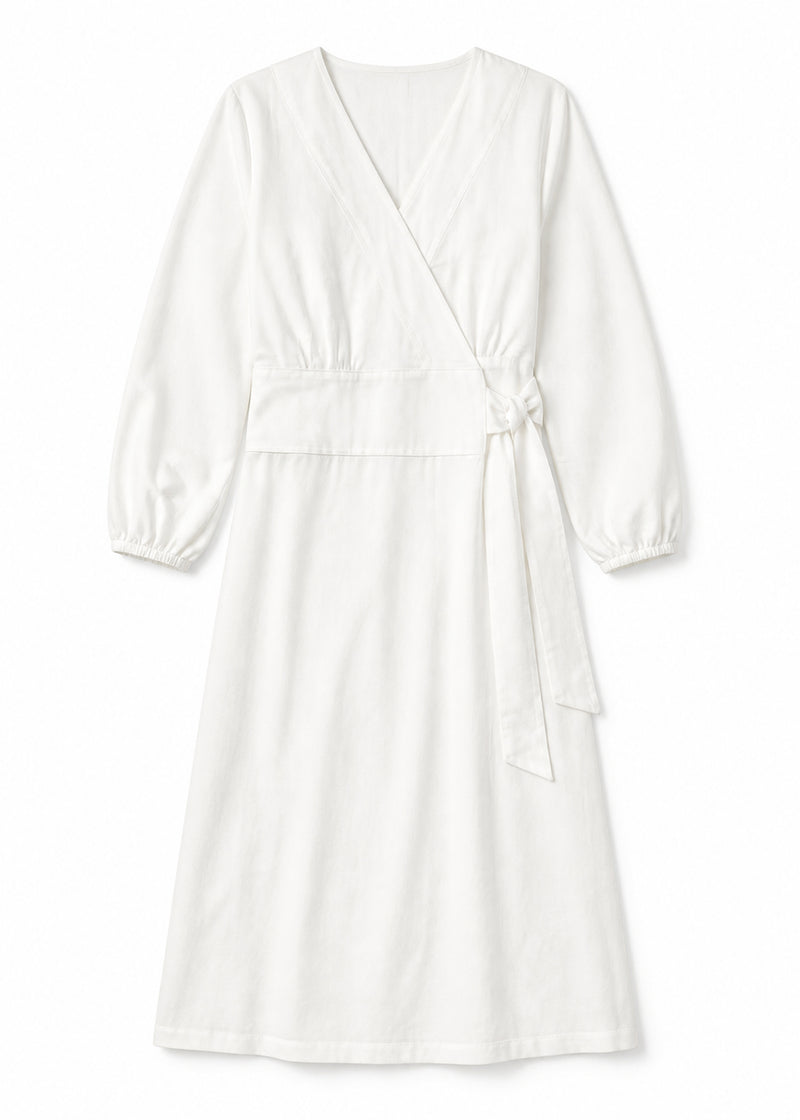 Long-Sleeve Wrap Robe in White - flat lay