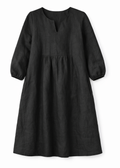 V-Neck Balloon-Skirt Linen Maternity Dress in Linen in Black — flat lay