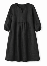 V-Neck Balloon-Skirt Linen Maternity Dress in Linen in Black — flat lay