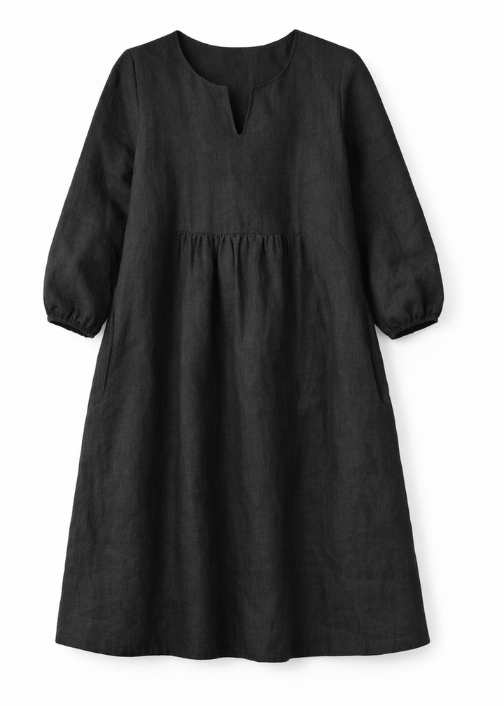 V-Neck Balloon-Skirt Linen Maternity Dress in Linen in Black — flat lay