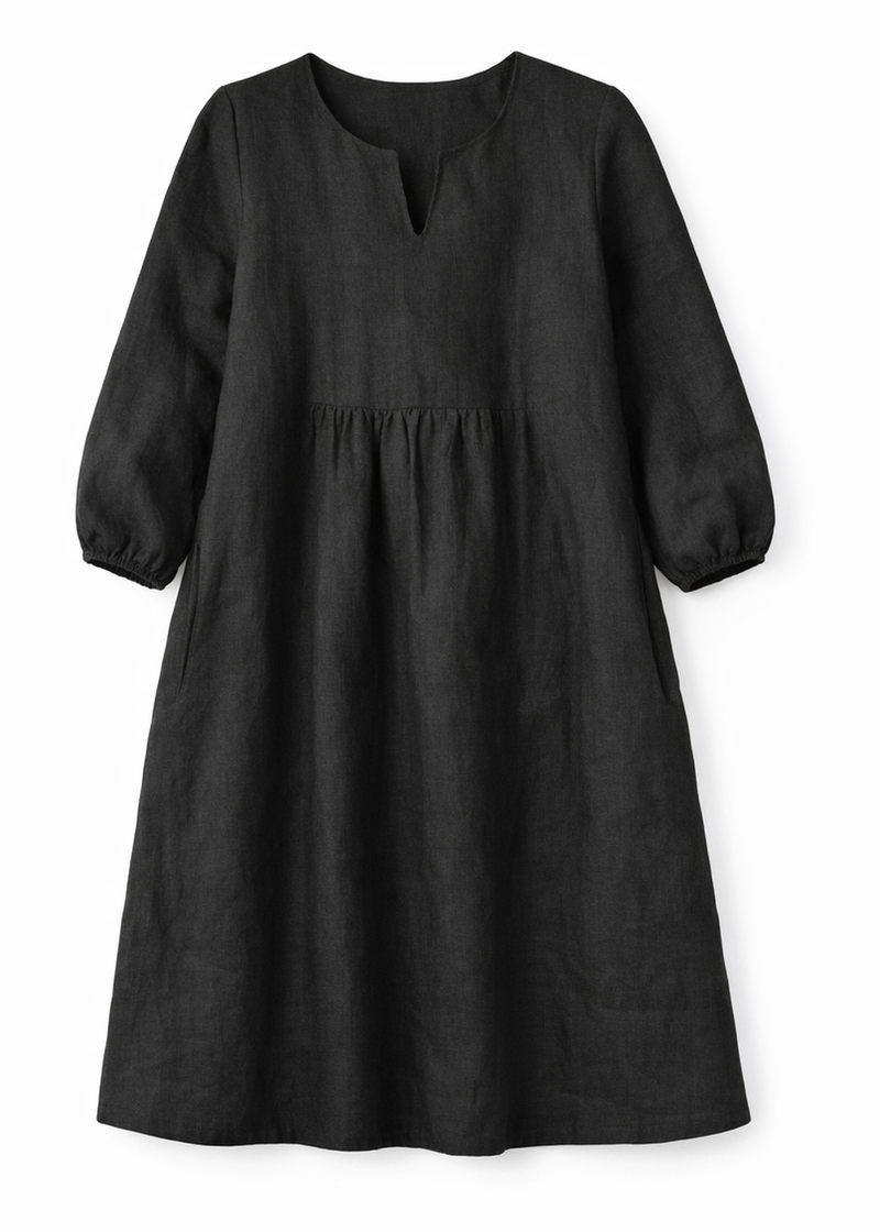 V-Neck Balloon-Skirt Linen Maternity Dress in Linen in Black — flat lay