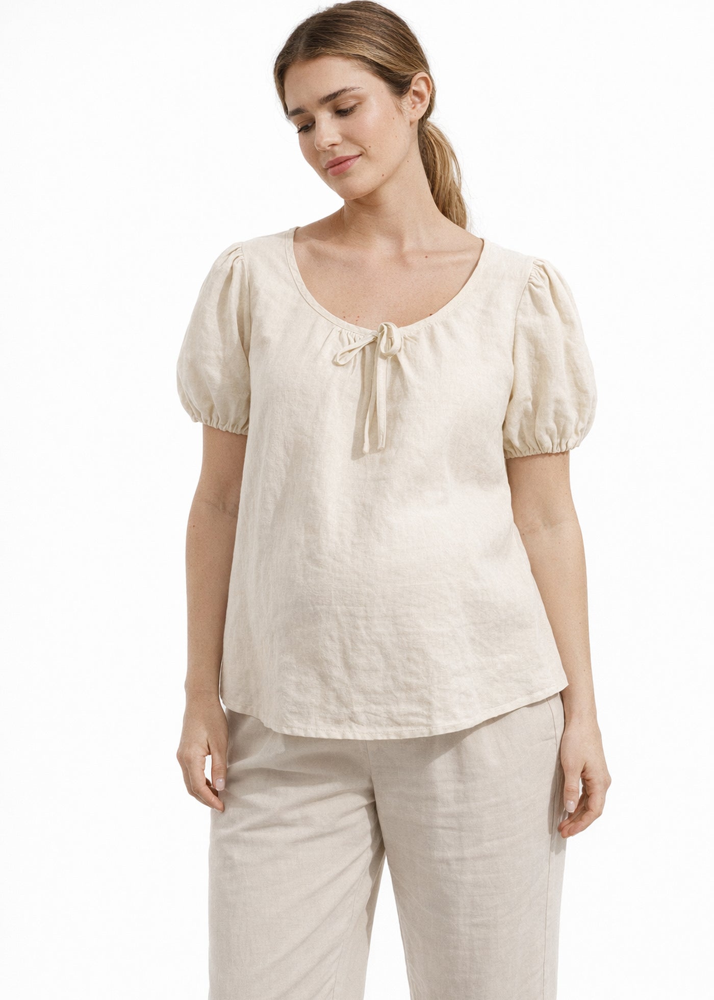 Tie-Neck Puff-Sleeve Cropped Linen Blouse in Linen in Natural — on model