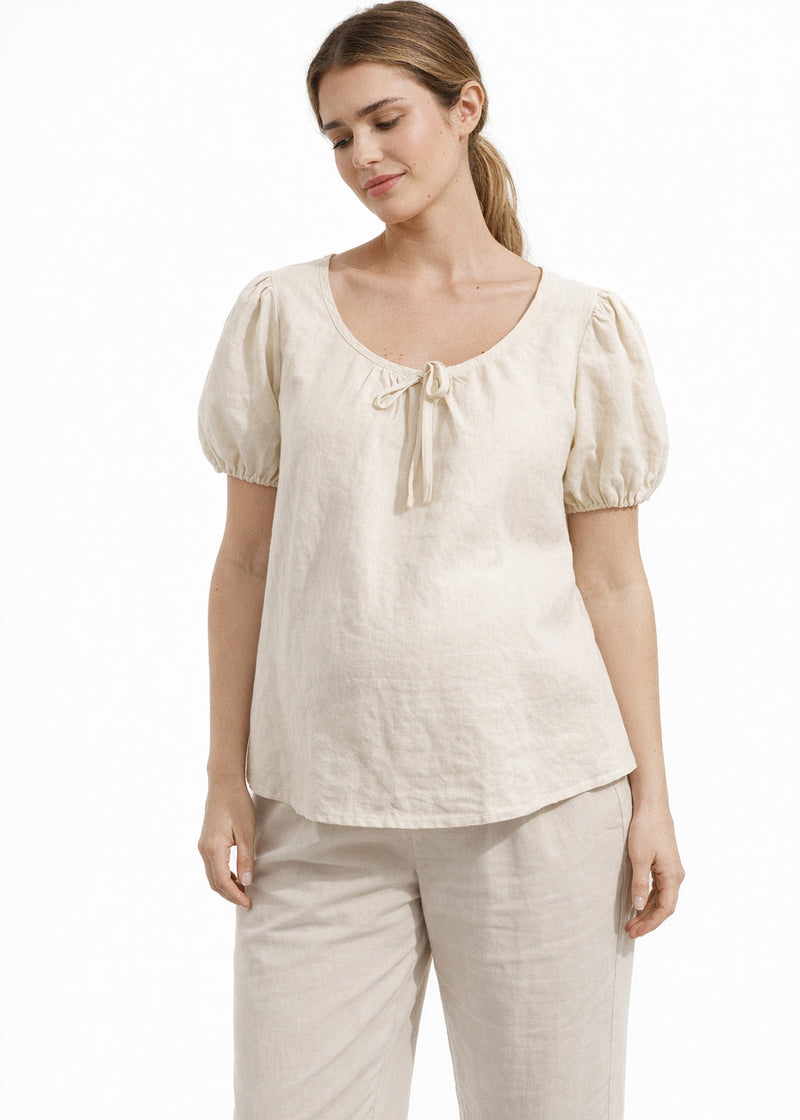 Tie-Neck Puff-Sleeve Cropped Linen Blouse in Linen in Natural — on model