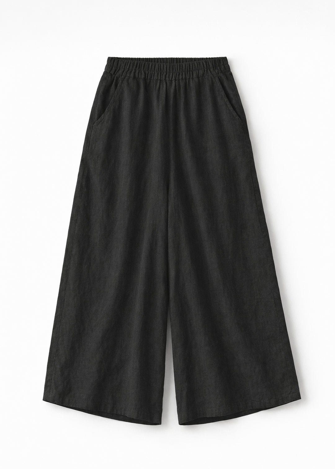 High-Rise Wide-Leg Linen Maxi Culottes in Linen in Black — flat lay