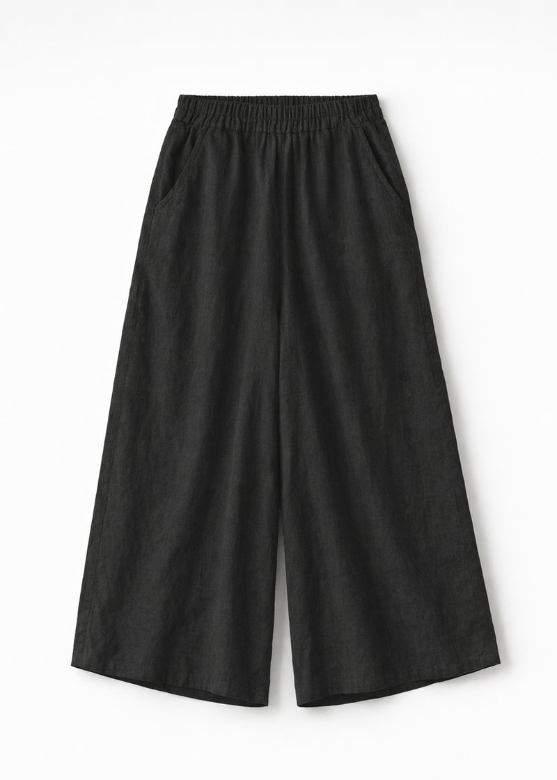 High-Rise Wide-Leg Linen Maxi Culottes in Linen in Black — flat lay