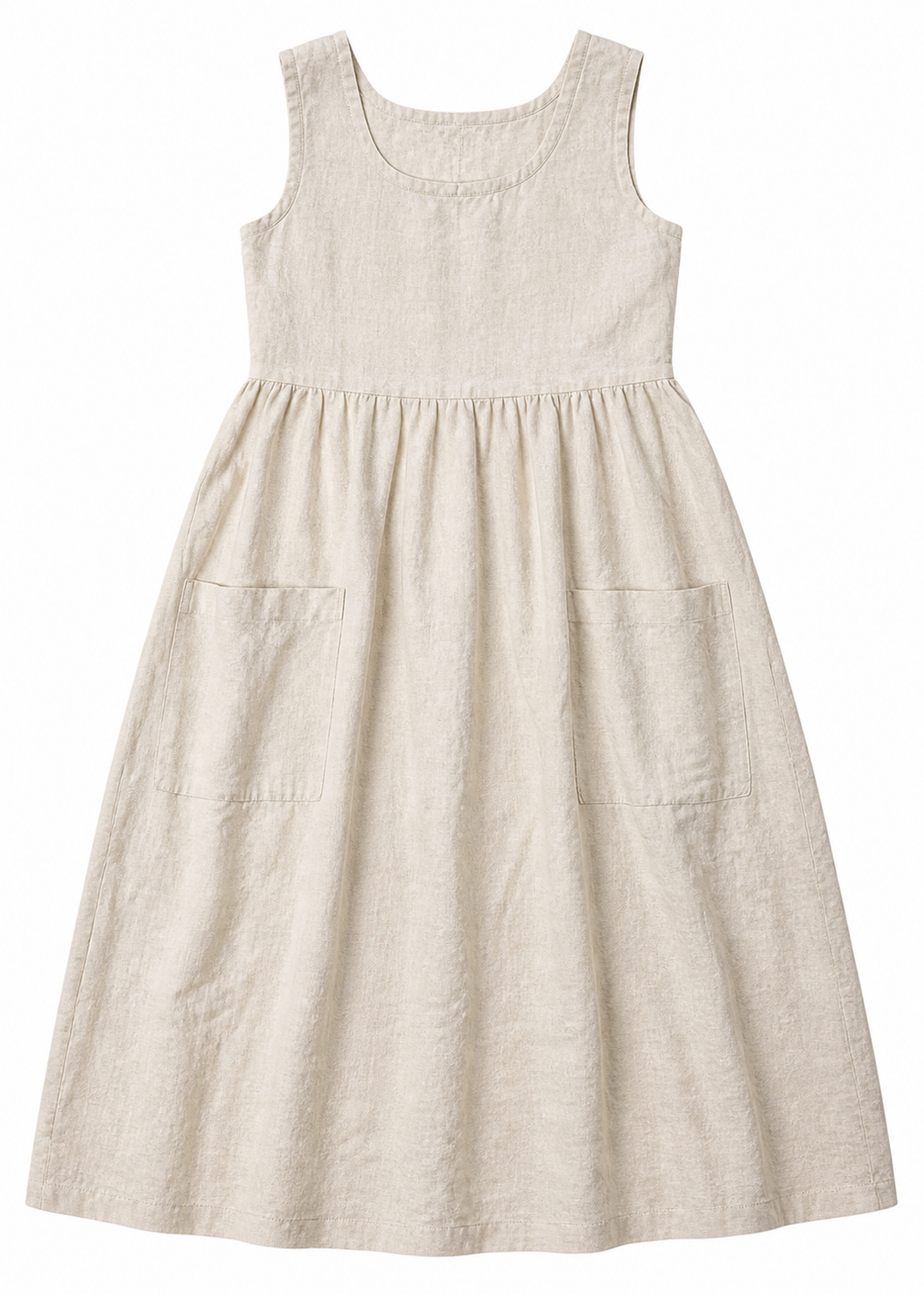 Linen Pinafore Midi Dress with Patch Pockets in Linen in Natural — flat lay