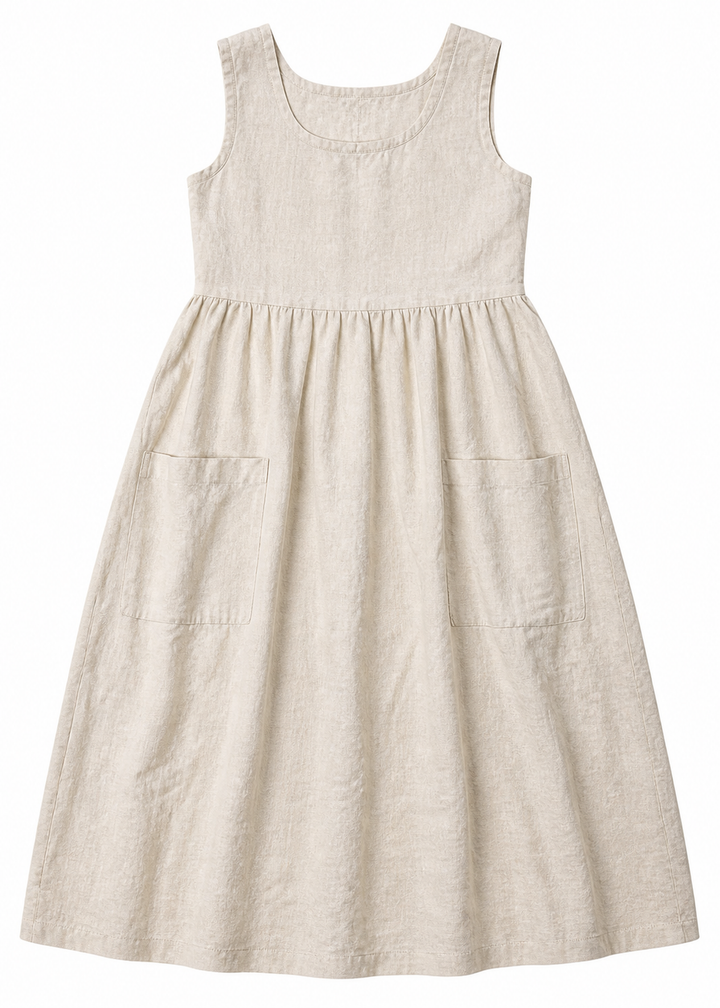 Linen Pinafore Midi Dress with Patch Pockets in Linen in Natural — flat lay