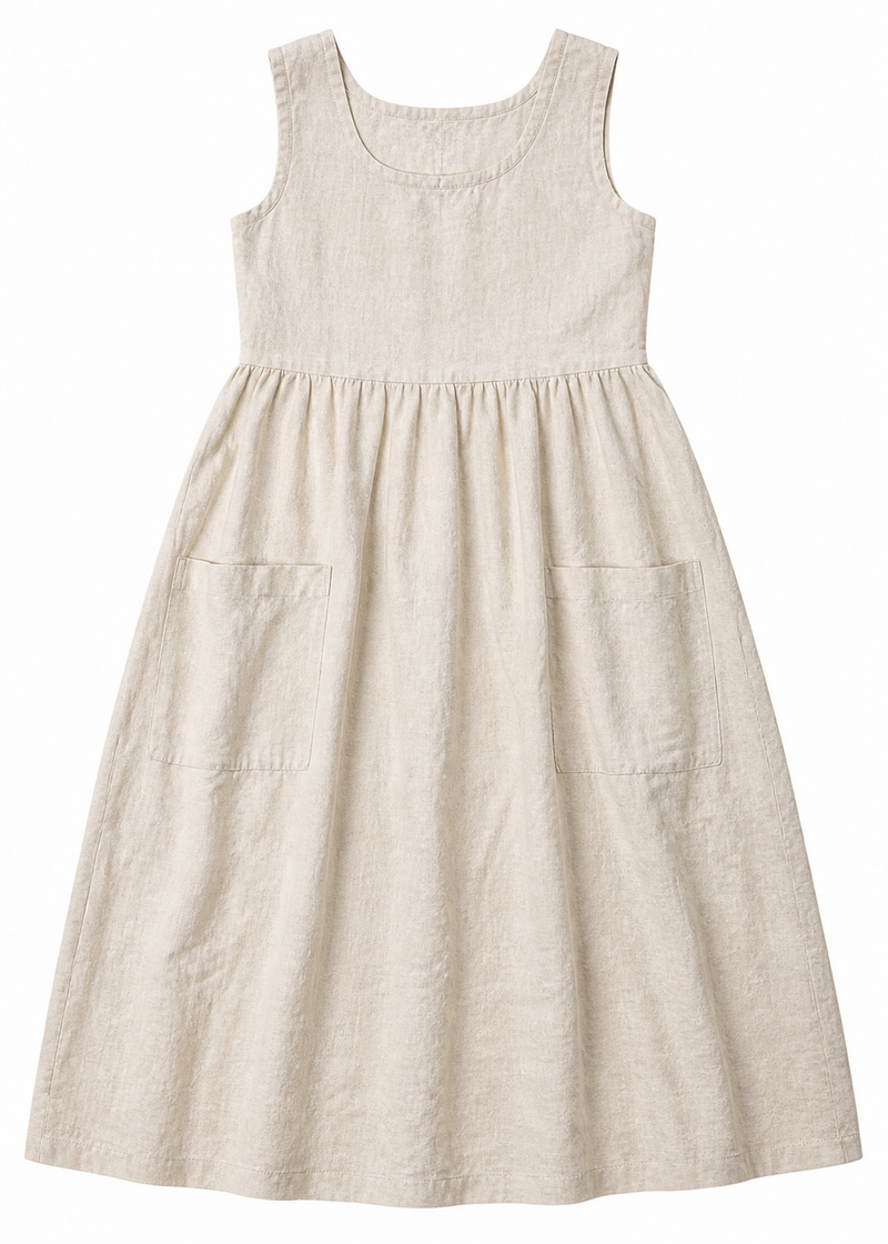 Linen Pinafore Midi Dress with Patch Pockets in Linen in Natural — flat lay