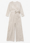 Wrap-Front Wide-Leg Nursing Linen Jumpsuit in Linen in Natural — flat lay