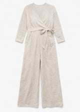 Wrap-Front Wide-Leg Nursing Linen Jumpsuit in Linen in Natural — flat lay