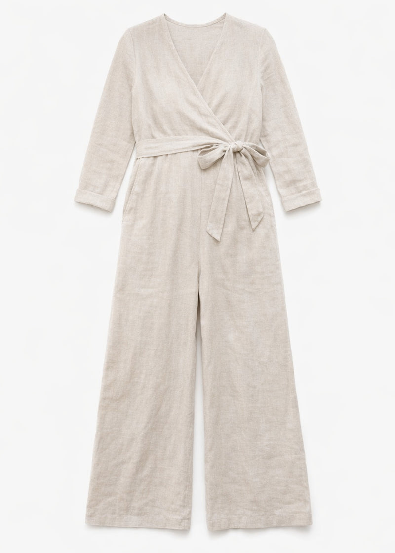 Wrap-Front Wide-Leg Nursing Linen Jumpsuit in Linen in Natural — flat lay