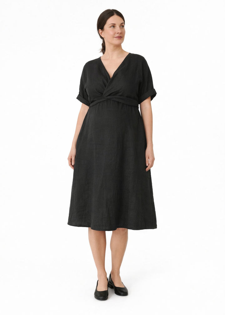 Reversible Twist-Front/Back Linen Dress in Black — on model