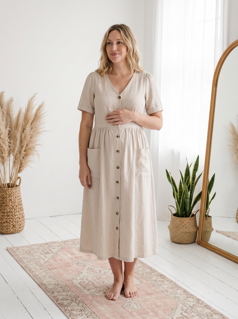 Button Front Pocket Dress in Cotton