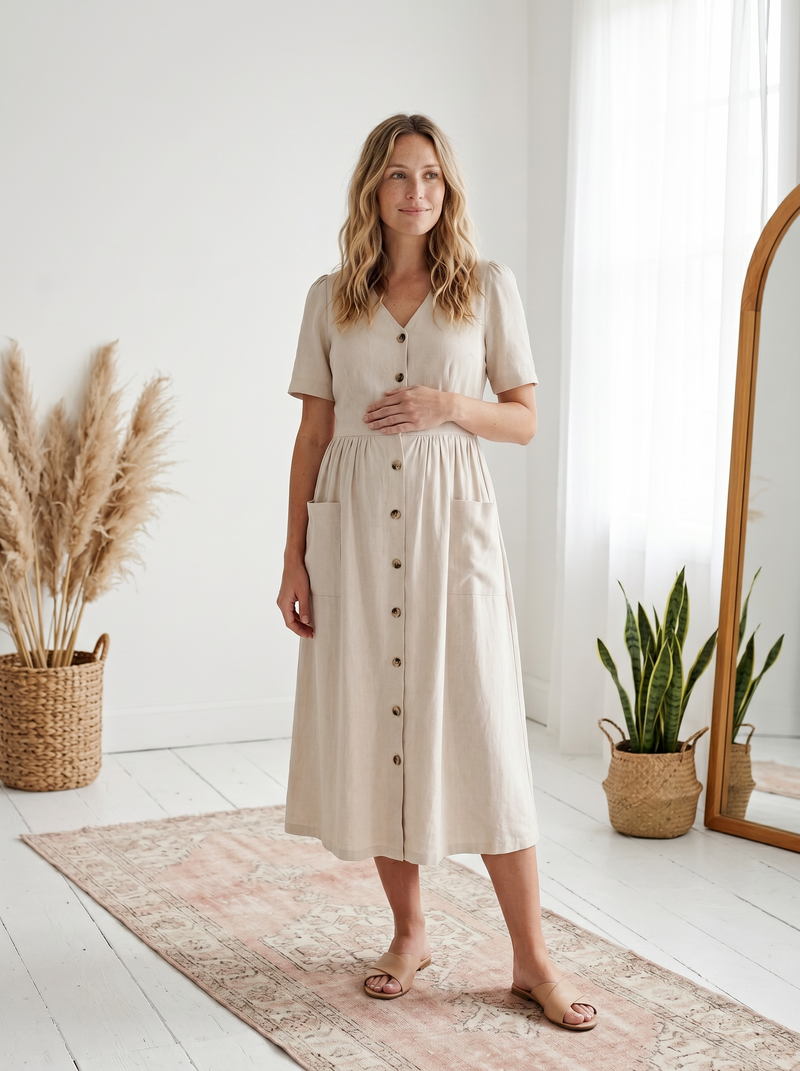 Button Front Pocket Dress in Cotton