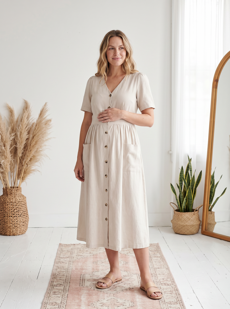 Button Front Pocket Dress in Cotton