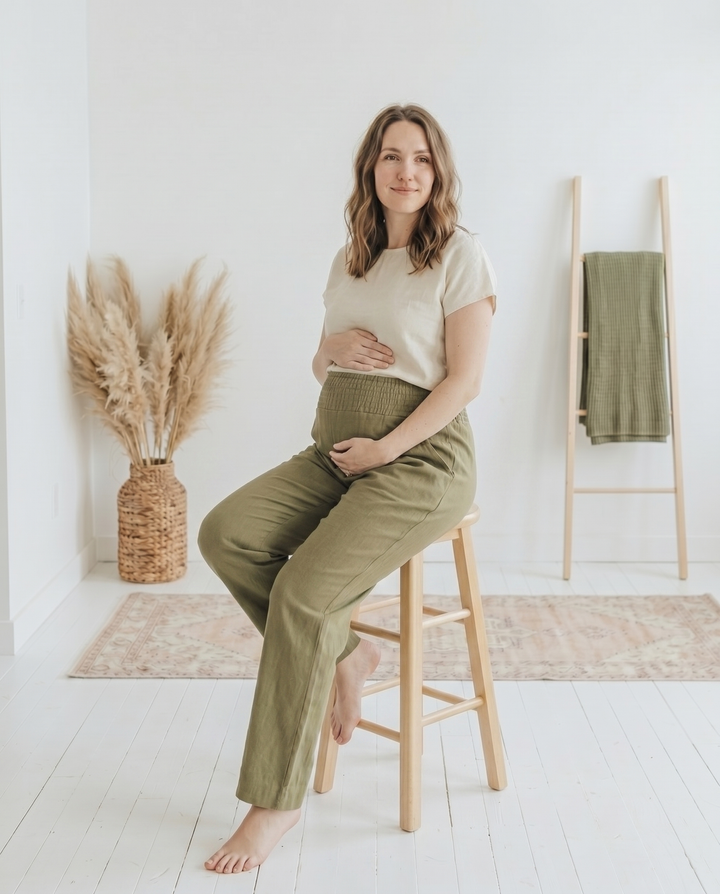 Pregnant model seated wearing olive green straight-leg smocked linen maternity pants, showing the drape of the straight leg, in a white loft interior.