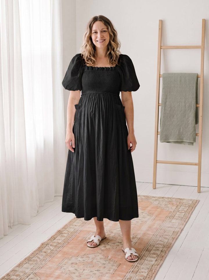 Smocked Puff Sleeve Dress In Cotton - Black, on-model maternity