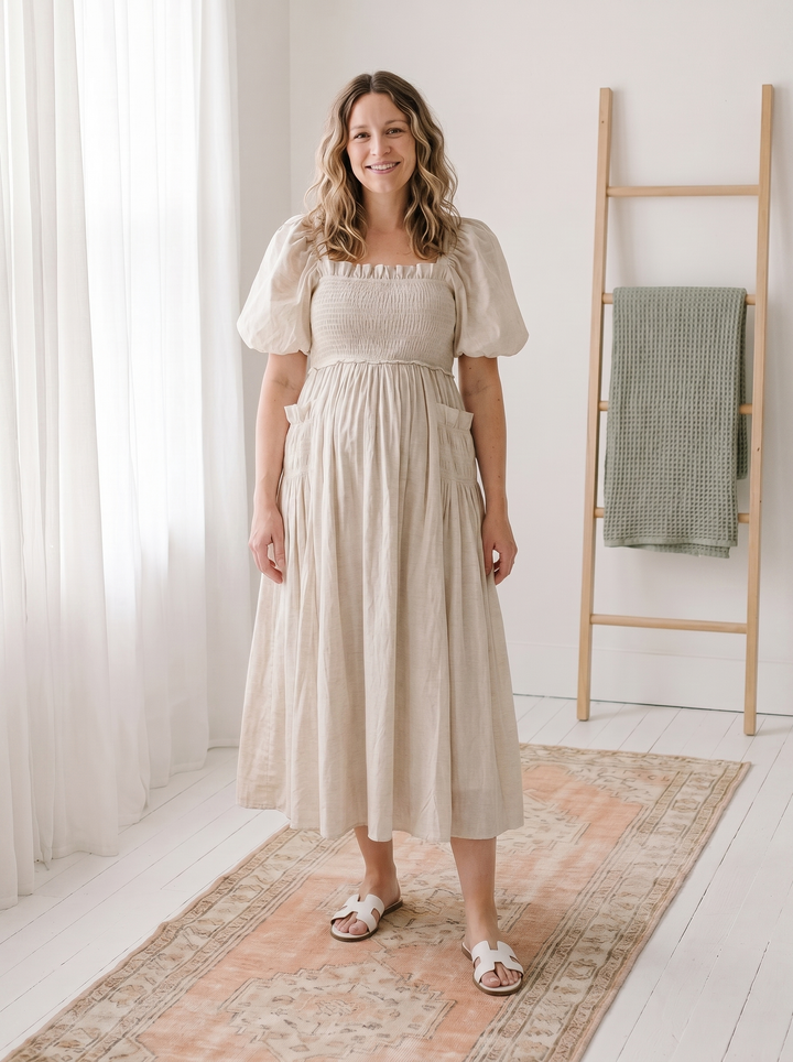 Smocked Puff Sleeve Dress In Cotton - Oatmeal, on-model maternity