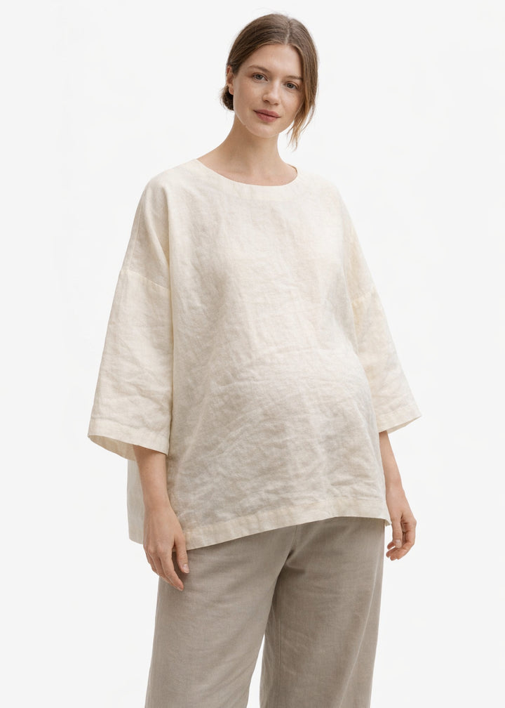 Oversized Haori-Sleeve Trapeze Linen Top in Linen in Natural — on model